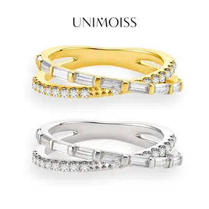 UniMoiss 18K Gold Plated Moissanite Waterproof Starlight Ribbon Crossover Ring Silver-Plated Wedding Engagement Anniversary Valentine's Day Birthday Gift Daily Wear for Men Women