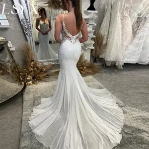 LSYX Deep V-Neck Sleeveless Chiffon Mermaid Wedding Dress Simple