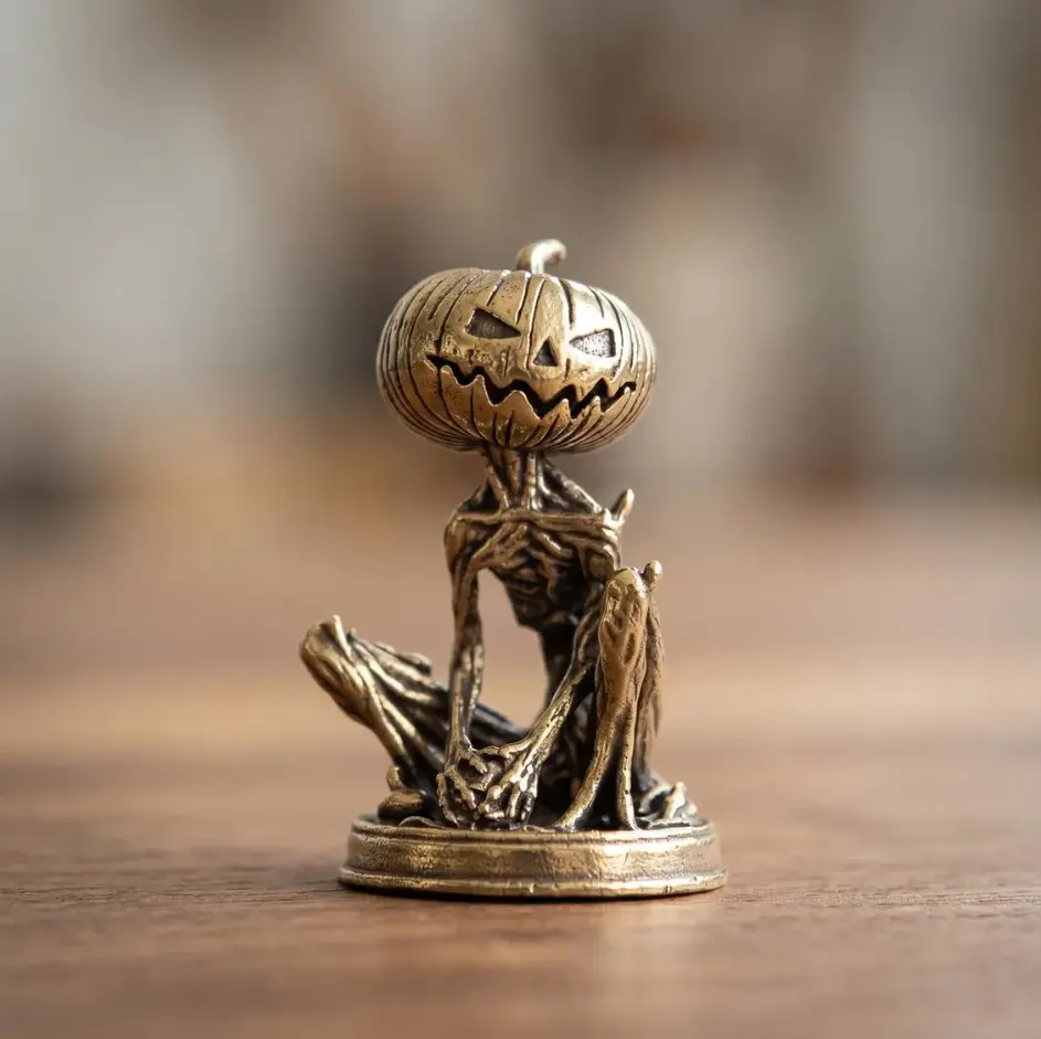 Vintage Brass Pumpkin Head Skeleton Figurine, Miniature Lantern Monster Statue, Gothic Halloween Desk Decor, Spooky Season Ornament Collectible