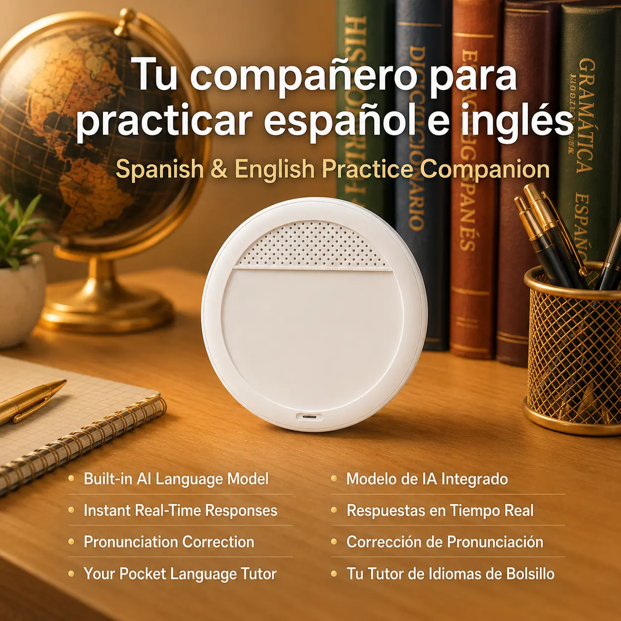 Wearable AI Translator Device, 0.5s Real-Time Two-Way Voice Translation, Supports 165 Languages, Spanish & English Practice, AI Language Tutor, Smart Vocabulary Review, Bluetooth Clip-On Hands-Free Translator for Travel, Work, Restaurants, Retail & Hotels