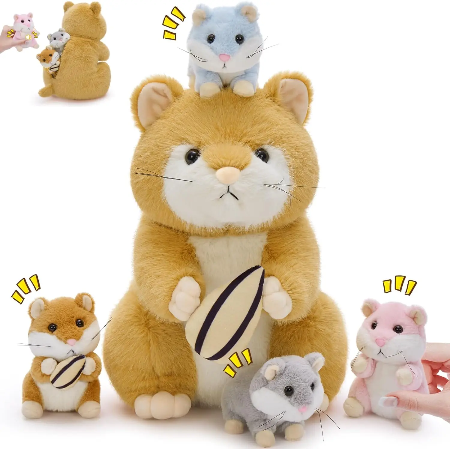 Tezituor 13” Child-Safe Stitching CE Certified Mama Hamster Realistic Stuffed Animal with 4 Squeaky Surprise Babies - Teddy Bear Group Toy, Educational Role Play Comfort Plush for Kids, Baby Shower Gift