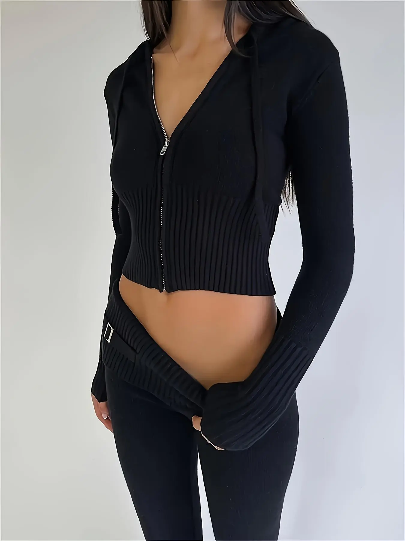 Two-Piece Set Women's Solid Zip Up Hooded Cardigan & Buckle Decor Pants, Casual Long Sleeve Crop Top & Trousers for Fall & Winter, Women's Knitting Clothes for Daily Wear, Knit Outfit Set, Streetwear Set