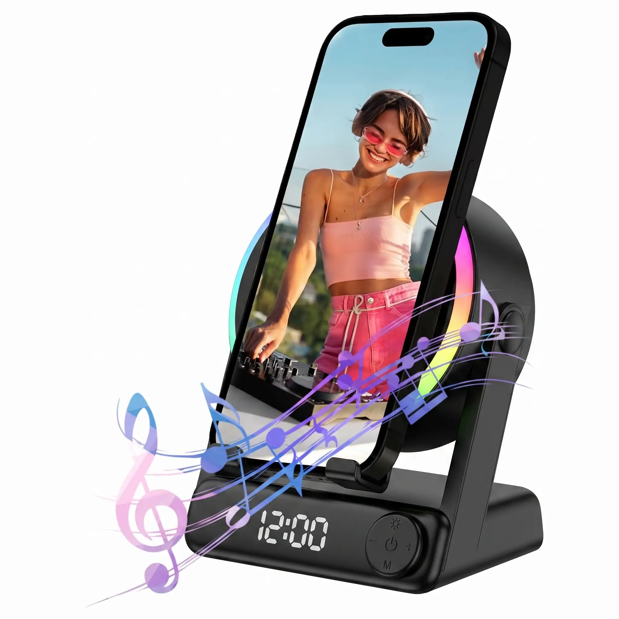 MFHHFM Wireless Induction Bluetooth Speaker with Stand - 5 in 1 Digital Alarm Clock with RGB Night Light, Smart Phone Sound Amplifier, Unique Tech Gift for Men