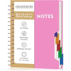 Small Spiral Notebooks with Removable Dividers Tabs, 5 Subject Notebook College Ruled, A5 Notebooks for School Work with Plastic Cover,  Pocket, Spiral Bound,