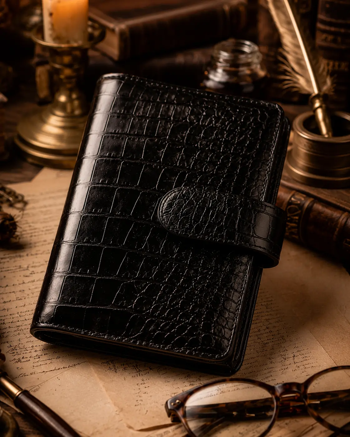 Black A6 Croc Planner Journal Cover - 6-Ring Binder Refillable