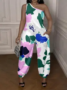 Fashionable One-Shoulder Sleeveless Loose-Fitting Jumpsuit, Stylish Floral Printed Design, Perfect for Casual Wear, Women's Clothing, Womenswear