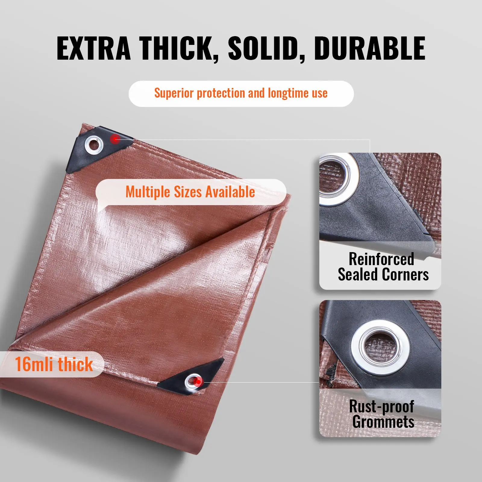【Summerfinds】VEVOR Tarp 20x40 ft 16 Mil Extra Thick, Waterproof Poly Plastic Tarps Cover, Multi-Purpose Outdoor Tarpaulin with Grommets & Reinforced Edges for Truck, RV, Boat, Camping (Brown) Lightweight