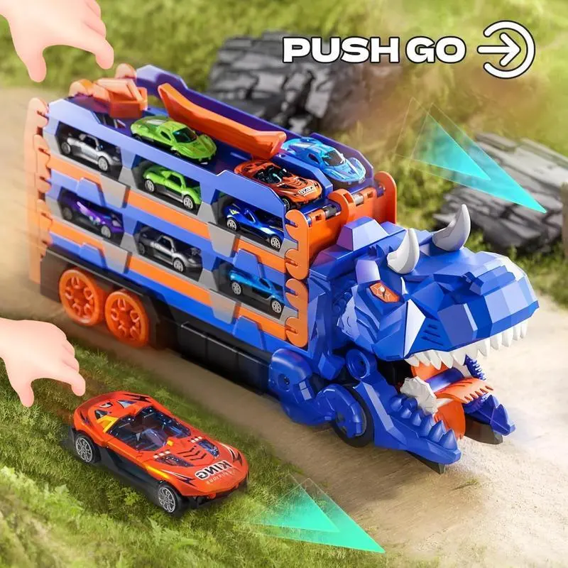 Dino Car Carrier Playset - Transforming Dinosaur Transport Truck with 12 Mini Diecast Cars, Launch Ramps, Storage, Kids Toddler Toy for Ages 3-6, Cars Kids, 3-6 Years