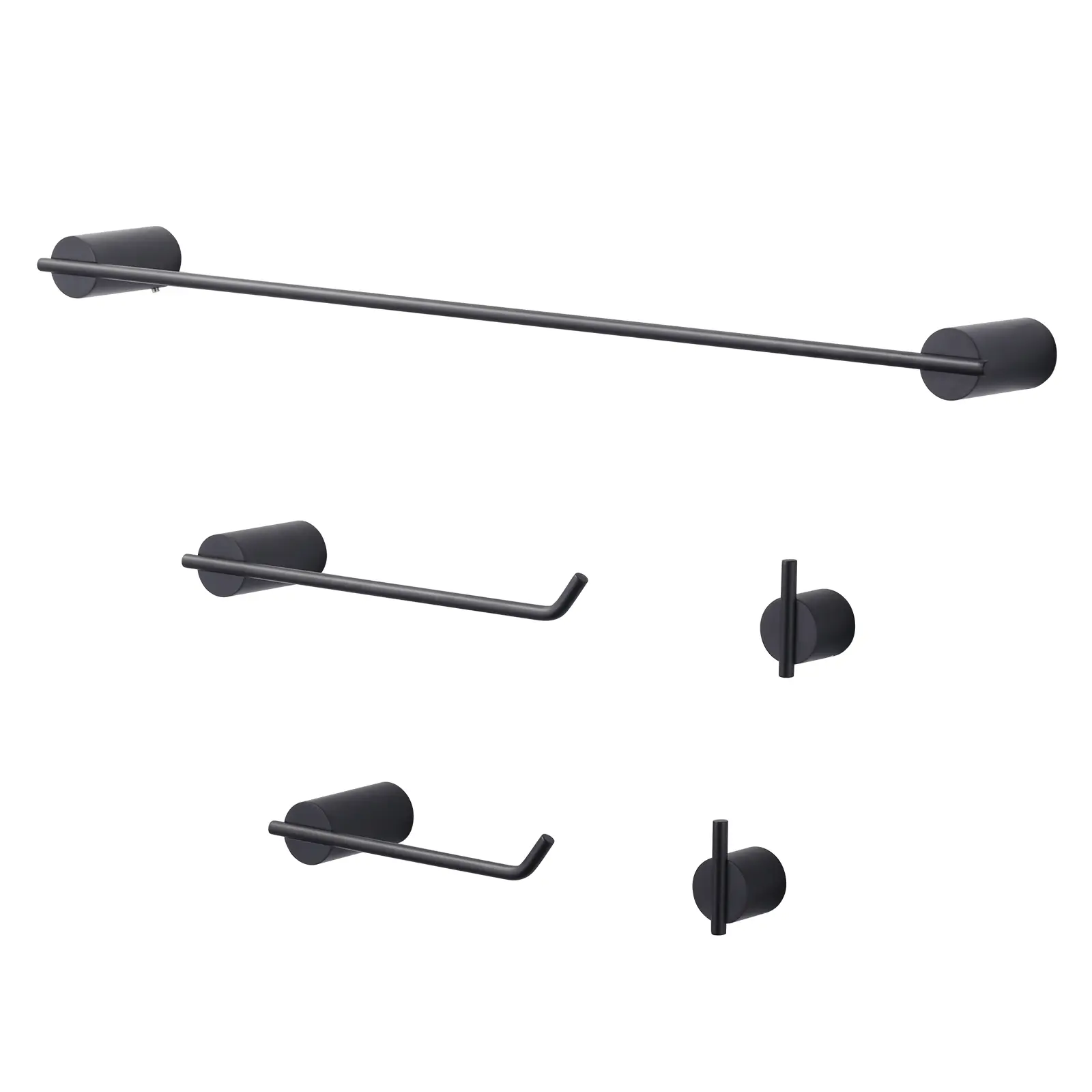 WOWOW 5-Piece Bathroom Fixture Set - Durable Rustproof Stainless Steel, Matte Black Sleek Finish, Round Ends, Wall-Mounted Concealed Mounting, 2 Towel Bars, 1 Toilet Paper Holder, 2 Towel Hooks, Easy Setup, Versatile Use for Hotels