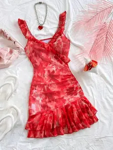 Summer Holiday Boho Halter Ruffled Mini Dress, Feminine Casual Floral Print Sundress, Womenswear, Perfect for Dates, Afternoon Tea, Vacations, Music Festivals