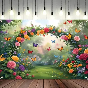 1PC 2D Flat Polyester Reusable Decorative Banner - Dreamy Garden Butterflies & Roses Door Curtain, Party Decor, Spring-Summer Courtyard Photo Backdrop, Kids' Birthday Accent