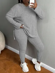 [Plus Size] Women's Two-Piece Set Solid Textured Ribbed Fabric Drop Shoulder Long Sleeve Hoodie & Elastic Waist Pants, Casual Fashion Cozy Ribbed Outfits for Daily Outdoor Wear, Ladies Clothing for Fall & Winter, Womenswear