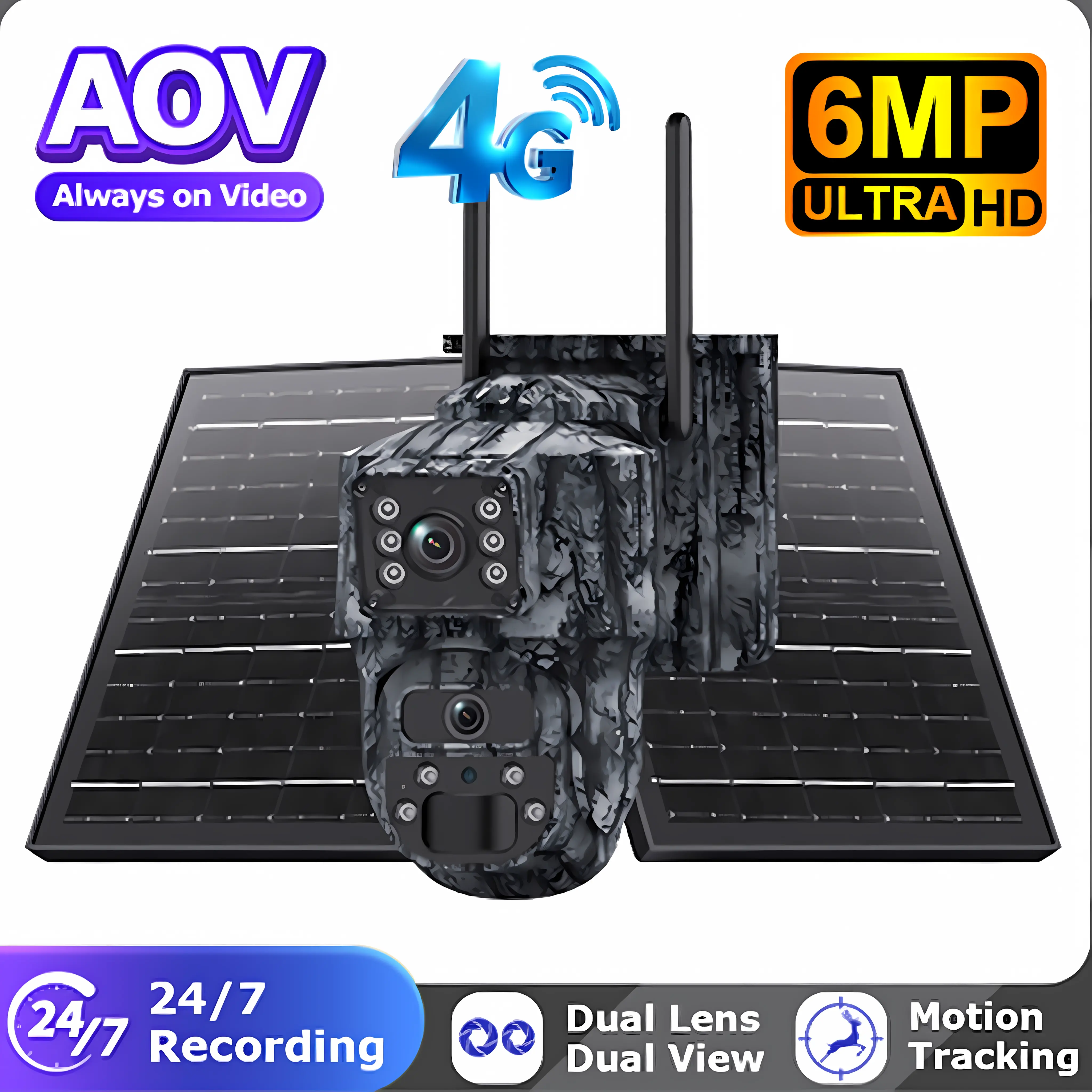 4G Solar Trail Security Camera - 6MP Dual Lens AOV, 24/7 Continuous Recording, PIR Motion Tracking, Color IR Night Vision, IP66 Waterproof Outdoor Device with 2-Way Audio for Farm, Wildlife Monitoring