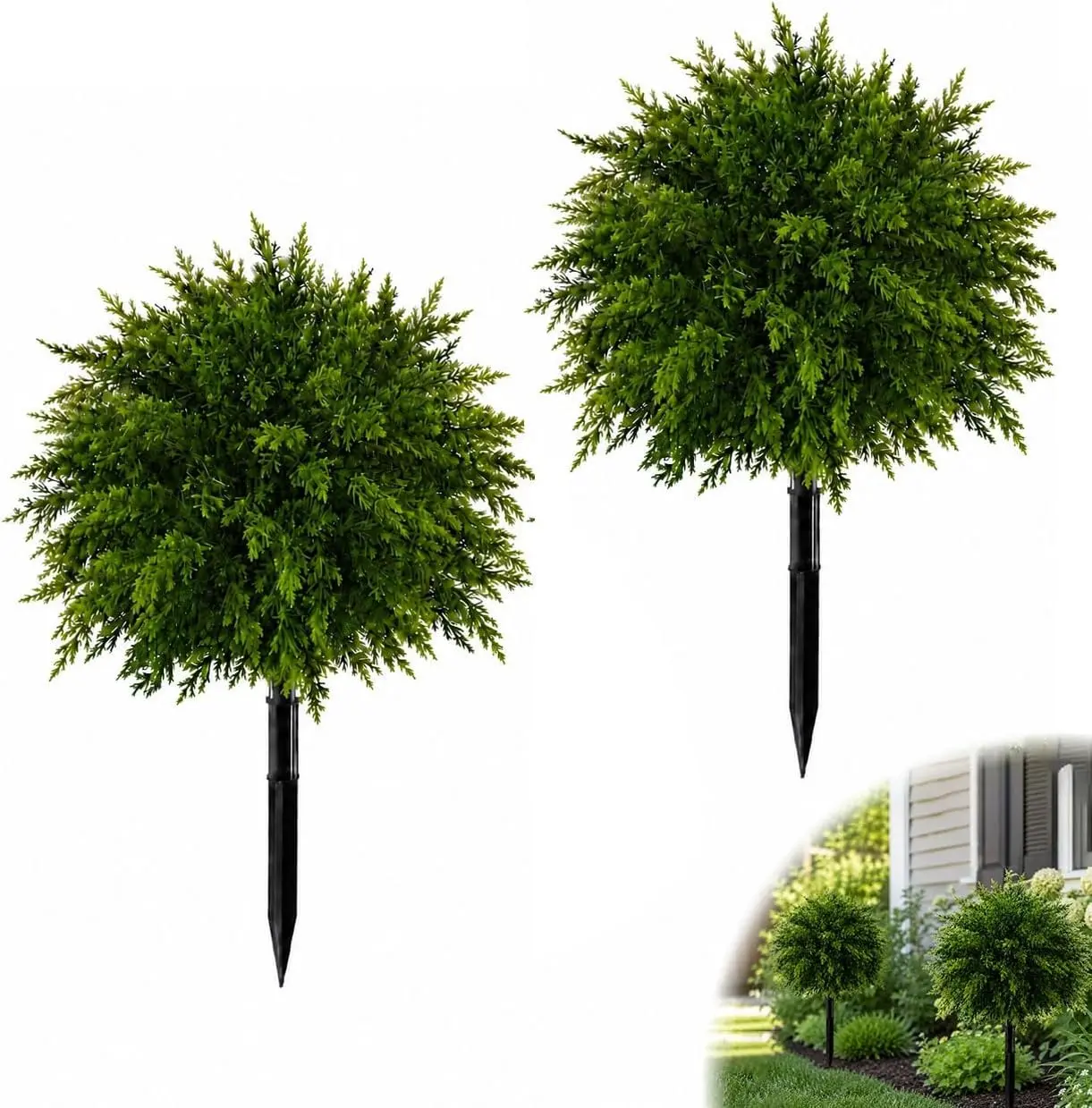 2 Pack UV-Resistant Synthetic Decorative Artificial Boxwood Topiary Ball with Ground Stake, Low Maintenance Faux Shrub for Outdoor Patio & Front Porch Decor with Easy Installation