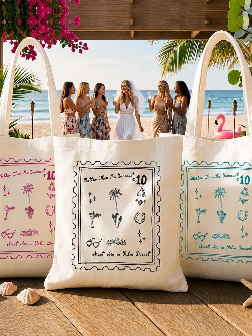 Custom Beach Tote Bags for Bridesmaid, Bachelorette Party Gift Canvas Bags, Stamp Design Bridesmaid Proposal Gifts, Tropical Destination Wedding Welcome Bags