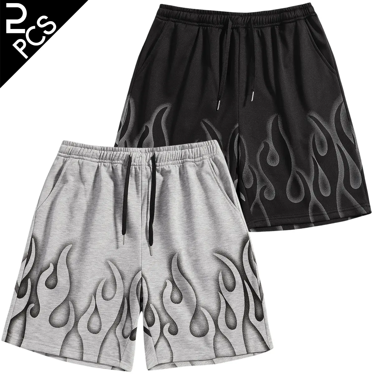 2-Pack Men's Flame Graphic Shorts, Streetwear Y2K Hip Hop Sweat Shorts with Drawstring Elastic Waist
