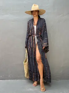 Women's Bohemian Beach Robe Cover-Up, Swimwear Coverups, 100% Viscose, Dye Pattern Design, Three-Quarter Sleeves, Asymmetrical Style, Swimsuit Cover Up