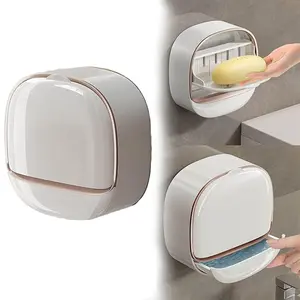 Minimalist Plastic Wall-Mounted Soap Dish with Drainage Box, Drip-Catching Cover and Shelf for Shower