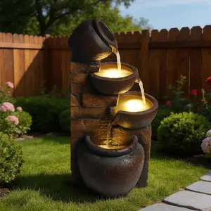 4-Tier Cascading Pot Outdoor Water Fountain, Rustic Resin Stone Water Feature with LED Lights, Vintage Jar Design for Garden, Patio, Yard & Indoor Decor