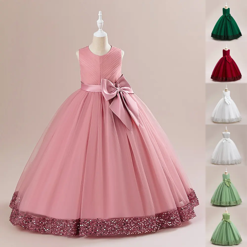 Pink Kids Clothes 399 Bow Princess Long Ball Gown Tulle Sequin Frock Children Formal Evening Party Pageant Prom Host Cocktail Dress White Flower Girls 4-14Y