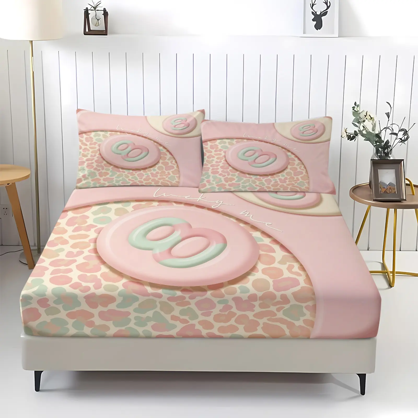 Y2K Teen Girly Candy 8 Ball & Leopard Fitted Sheet Set, Includes 2 Pillowcases, Versatile Soft Macaron Background, Elastic Non-slip Fabric For Full/Queen Mattress, Complete Girly Bedding For Home Decor & Best Friend Gifts