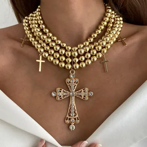 Vintage Exaggerated Diamond Cross Pendant Necklace, Multi-Layer Ccb Beaded Chain, Cross Chain Design, Elegant Gothic Style Jewelry for Women, Bling Stylish Accessory, Cross Necklaces