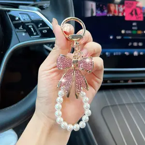 Elegant Rhinestone Pearl Bow Car Keychain, Keychain For Bags, Butterfly Knot Bag Charm, Ladies Key Ring, Creative Gift for Women