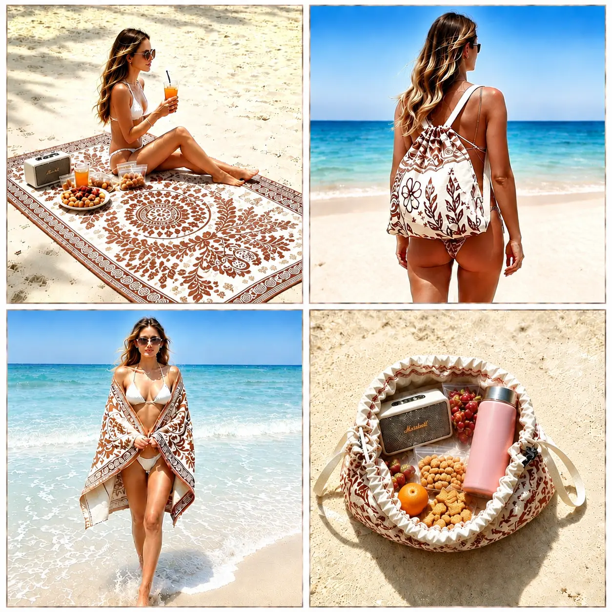 2-in-1 Beach Towel Bag,Portable Foldable Beach Essential,Sandproof Sand resistant fabric,100% Organic Cotton Jacquard Beach Towel backpack,Gift for Family & Friend
