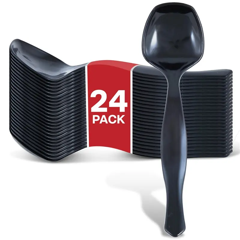 24 Count Disposable Black Plastic Serving Spoons for Catering, Weddings, Holidays and More - Large Plastic Buffet Spoons for Parties, Stock Your Home