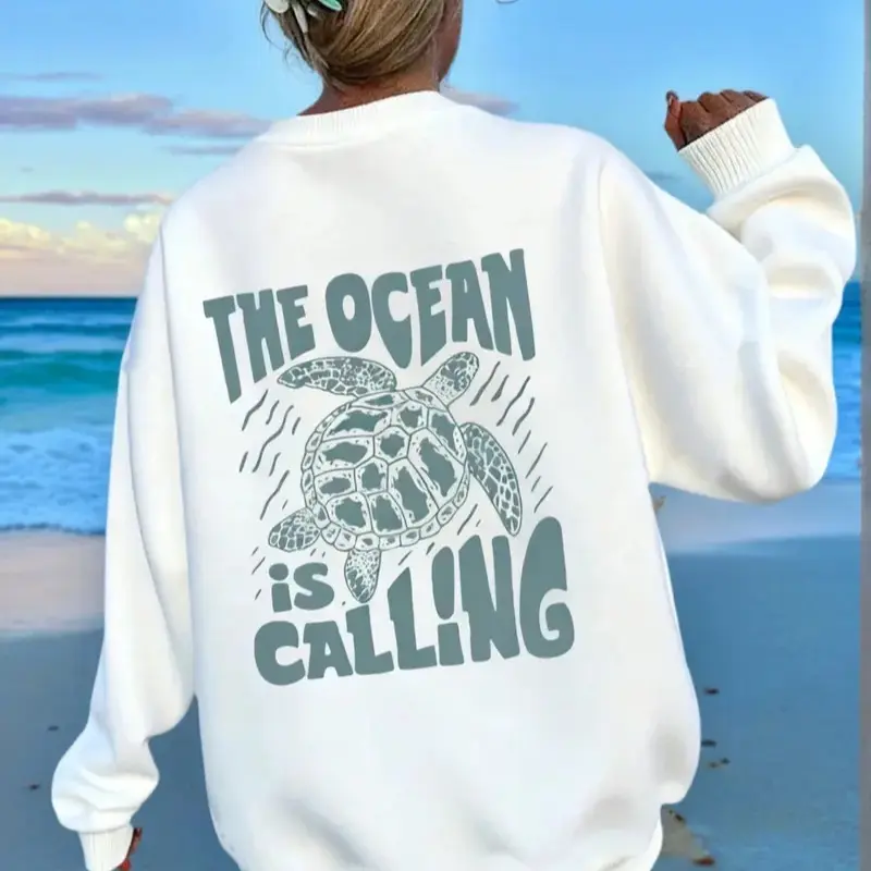 (Sale Off Up To 50%) Lazy Style Oversized Sea Turtle, Ocean Animal Print Sweatshirt, Beachy Pullover, Perfect for Summer Vacation & Coastal Trips, Comfortable Casual, Full Color, For Men, For Women, Casual, Classic Fashion, Tee Print