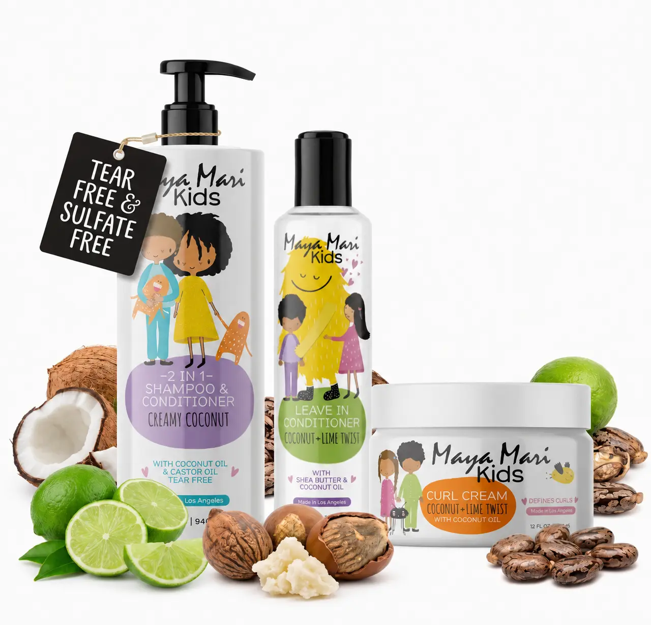 Maya Mari Kids Curly Hair 3-Piece Haircare Kit - Kids 2-in-1 Cleanser & Moisturizer, Curl Cream, Shea-Infused Leave-In Conditioner