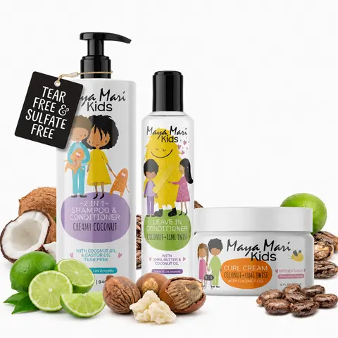 Maya Mari Kids' 3-Piece Curly Haircare Kit - Gentle Coconut & Castor Oil Products with Argan, 2-in-1 Shampoo Cleanser, Curl Cream, Shea-Infused Leave-In Conditioner for Curly Hair Routine, Wavy/Textured Hair Hydration
