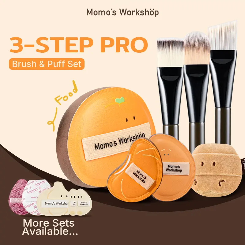 Momo's Workshop 3-Step Pro Makeup Brush & Powder Puff Set - Makeup Brush Kit for Smooth Flawless Foundation, Simplified Stroke Blending, All Skin Types, Travel-Friendly Beauty Tools