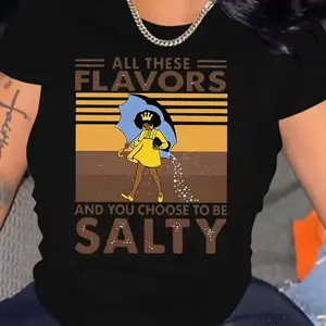 All These Flavors Printed T-Shirt, Short Sleeve Crew Neck Casual Top for Summer & Spring, Women’s Clothing Classic Shirt