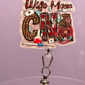 Wife Mom CNA Name beaded Badge Reel with Leopard Print Beads and Medical Icons for Nurses and Healthcare Professionals