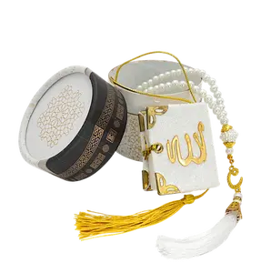 Cylinder Gift Box Set with Mini Quran & Prayer Bead - Kaba White