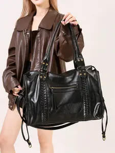 Women's Large Capacity Motorcycle Bag, French Vintage Shoulder Crossbody Bag, Retro Fashion Tote Purse, All Seasons Plain Design