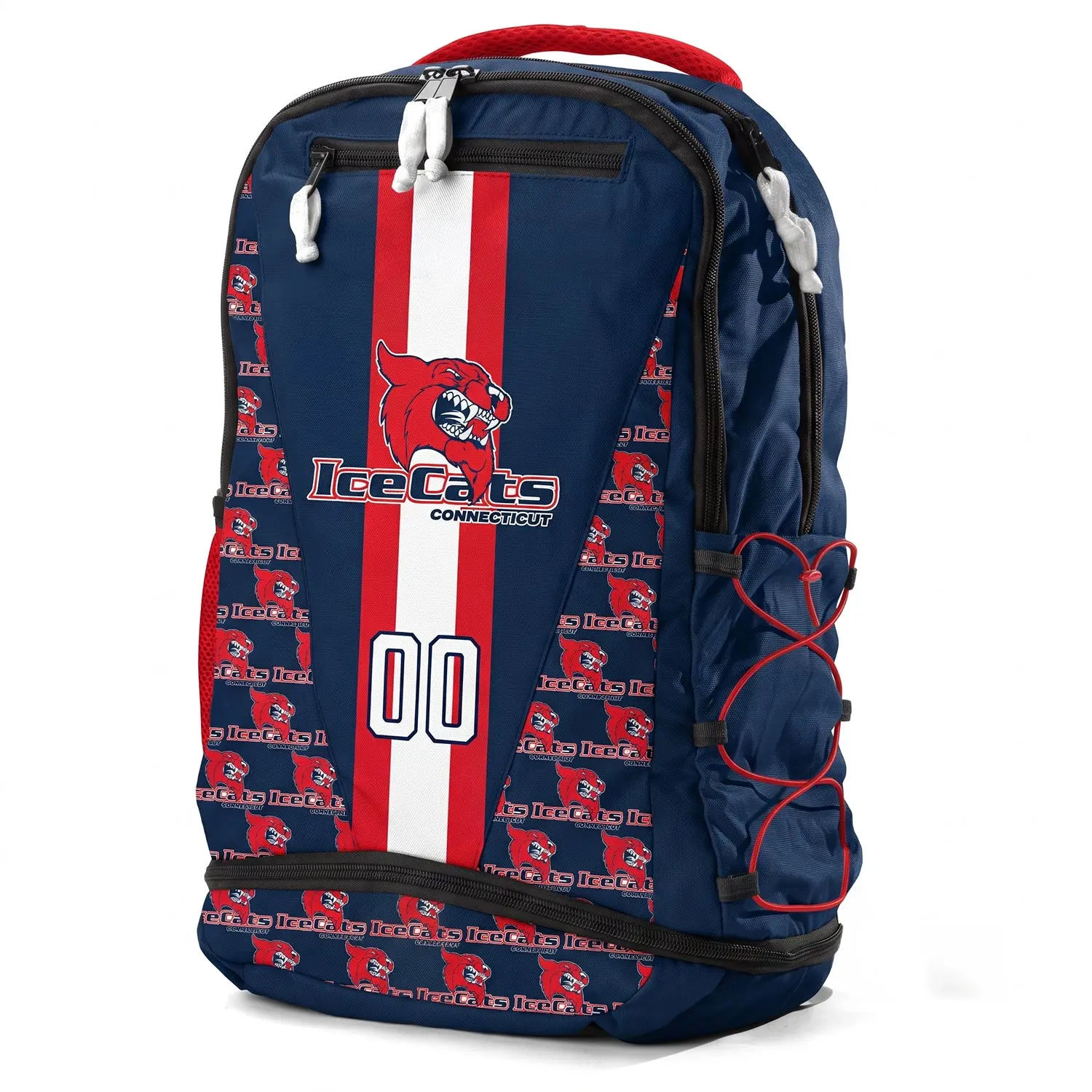 Ice Cats Hockey Team Sports Backpack with All-Over Logo Pattern, Stylish RapidTrek Design for Players