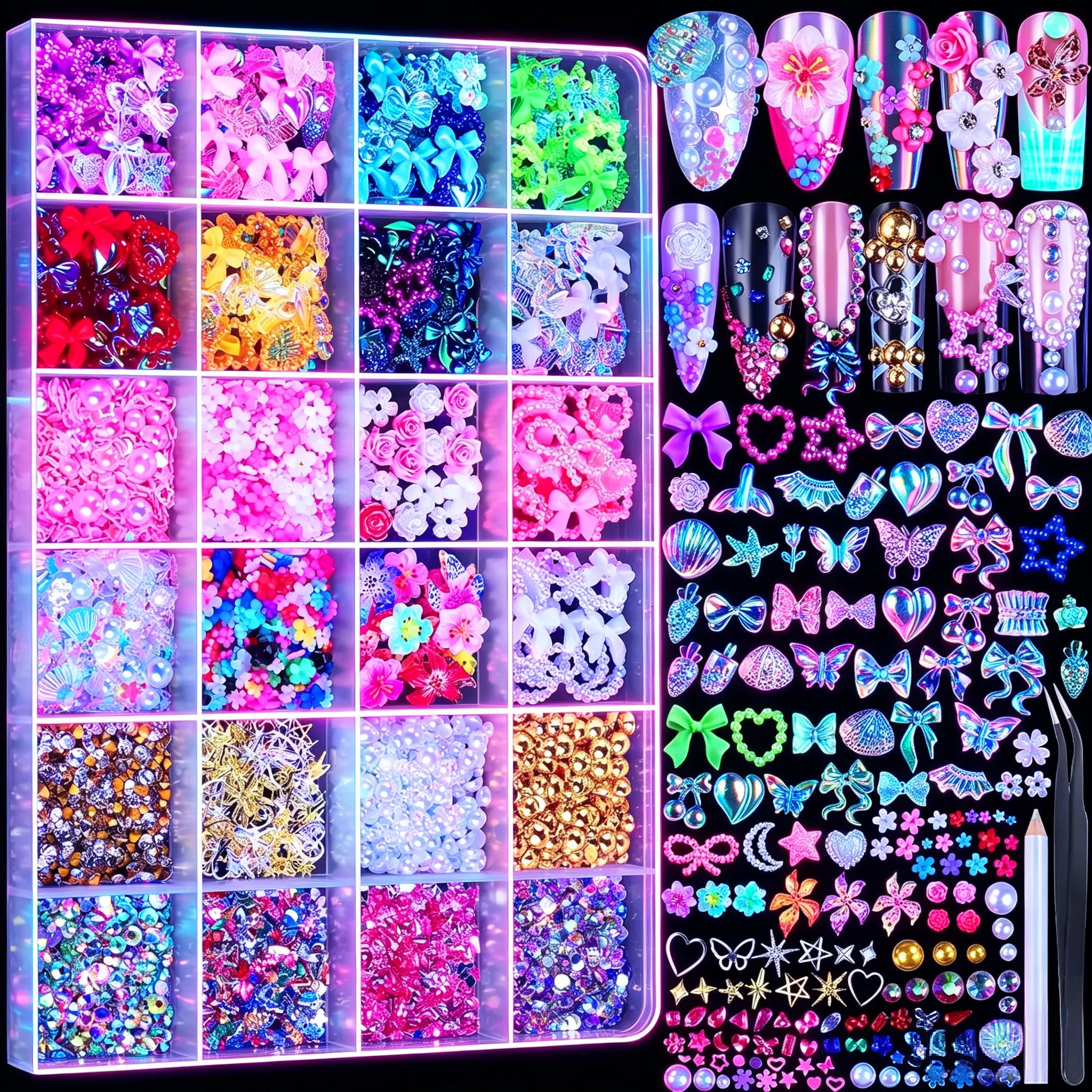 Nail Charms Set with 24 Grid Storage, 3D Hawaii Flower Nail Charms, Y2K Nail Decorations, AB Rhinestones, Multi Shape Gold Pearls and Gems for DIY Nail Art Kit Rhinestone Detail Flower Design Nails