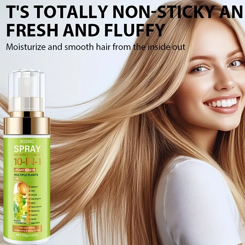 ROZINO 10-in-1 Hair Mist Spray Infused with Biotin, Plant Keratin & Argan Oil, Lightweight Non-Sticky Multi-Effect Hair Care, Long-Lasting Frizz Control & Daily Hair Styling Treatment, Portable Travel Size 3.5oz