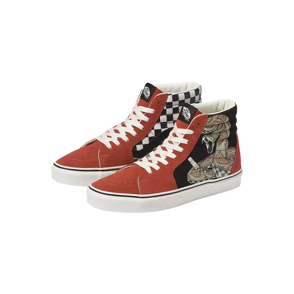 VANS Men's Sk8-Hi Snake/Chili Oil High-Top Front-Laced Casual Trainer Shoe - Footwear with Rattlesnake Graphics, Checkerboard Print, Durable Suede-Textile Uppers, Reinforced Toe Caps, Rubber Sole, Adjustable Laces, Front-Laced Casual Trainers