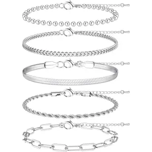 CASSIECA 5Pcs Daily Stacking Set, Gold-Silver Stainless Steel Bracelets with Rope, Cuban, Figaro, Bead Chain & Link Charm Designs, Fashion Costume Jewelry for Women SummerVibes