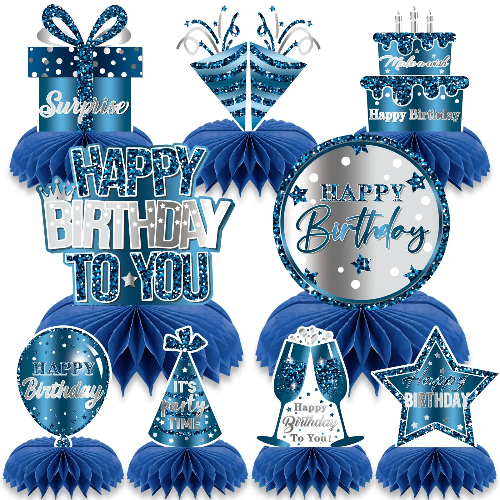 9PCS 3D Blue Birthday Centerpieces Decorations Birthday Honeycomb Table Decorations Blue Happy Birthday Party Decorations Happy Birthday To You Surprise Birthday Party Supplies Party Atmosphere Props Bow Decor Party Decoration Set