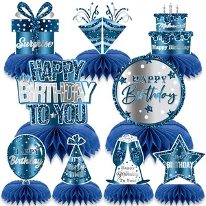 9PCS 3D Blue Birthday Centerpieces Decorations Birthday Honeycomb Table Decorations Blue Happy Birthday Party Decorations Happy Birthday To You Surprise Birthday Party Supplies Party Atmosphere Props Bow Decor