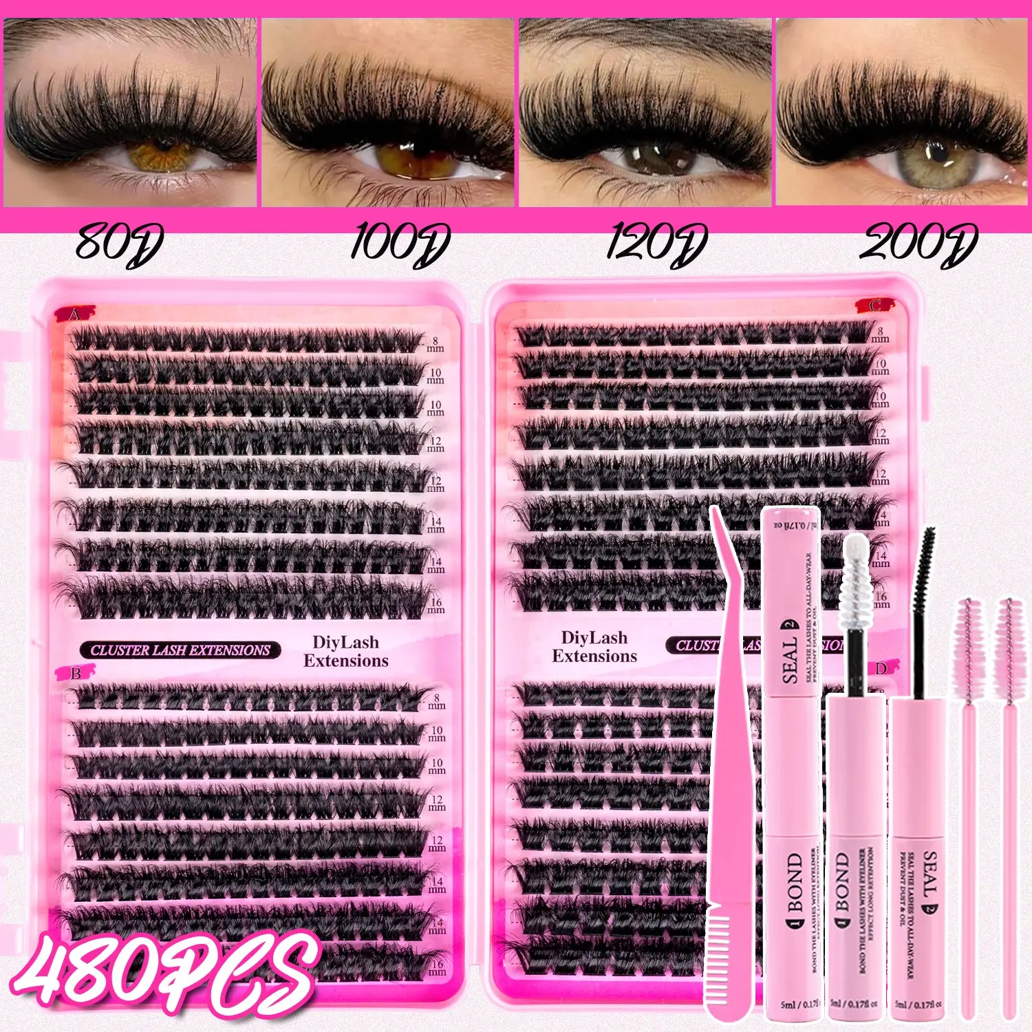 480/640 D-Curl False Eyelashes Set, Thick & Fluffy DIY Segmented Lashes, Includes Glue, Sealant, Tweezers, Brush, Reusable, Large Capacity, DIY Lash Kit, Fluffy Eyelash Clusters