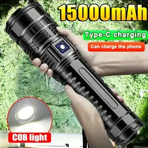 Super Bright 15000mAh Rechargeable LED Flashlight, with COB Light, Tactical Long-Distance Spotlight, USB Charging, Stainless Steel, 5 Modes, Waterproof Design, Includes Hand Strap, Rechargeable Flashlight