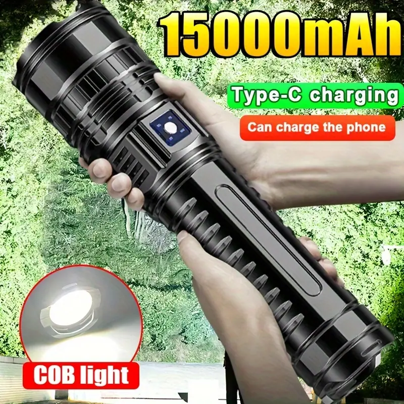 Super Bright 15000mAh Rechargeable LED Flashlight, with COB Light, Tactical Long-Distance Spotlight, USB Charging, Stainless Steel, 5 Modes, Waterproof Design, Includes Hand Strap, Rechargeable Flashlight backtoschoolshopping