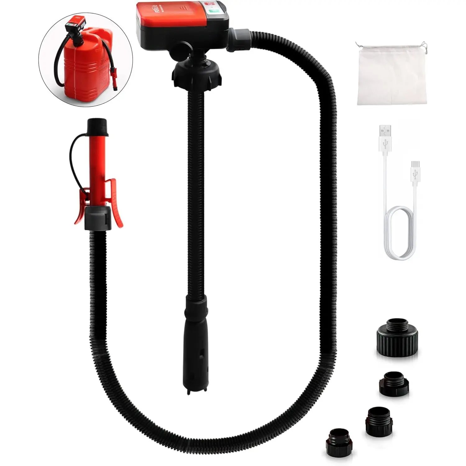 Fuel Transfer Pump - USB Charging Electric Gas Pump for Gas Can - Gas Transfer Pump Battery Powered with Automatic Shut Off Nozzle, Fix Clip, Extra Long Hose Gas Can Jug Tank For Gasoline