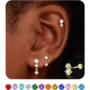 3 Pairs Flat Back Earrings Studs 18G-Hypoallergenic Cartilage Earring Sets for Multiple Piercing-Minimalist CZ Birthstone Drop Dangle Earrings Internal Thread Flatback Earring Stacks for Conch Tragus Helix Piercing Jewelry