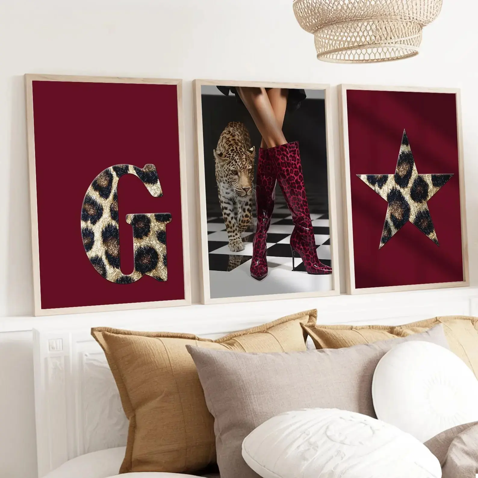 Custom Initial Wall Art Trendy Leopard Aesthetic, Burgundy Wall Art Set of 3, Lucky Girly Dorm Decor, Leopard Boots Poster, Cheetah Print